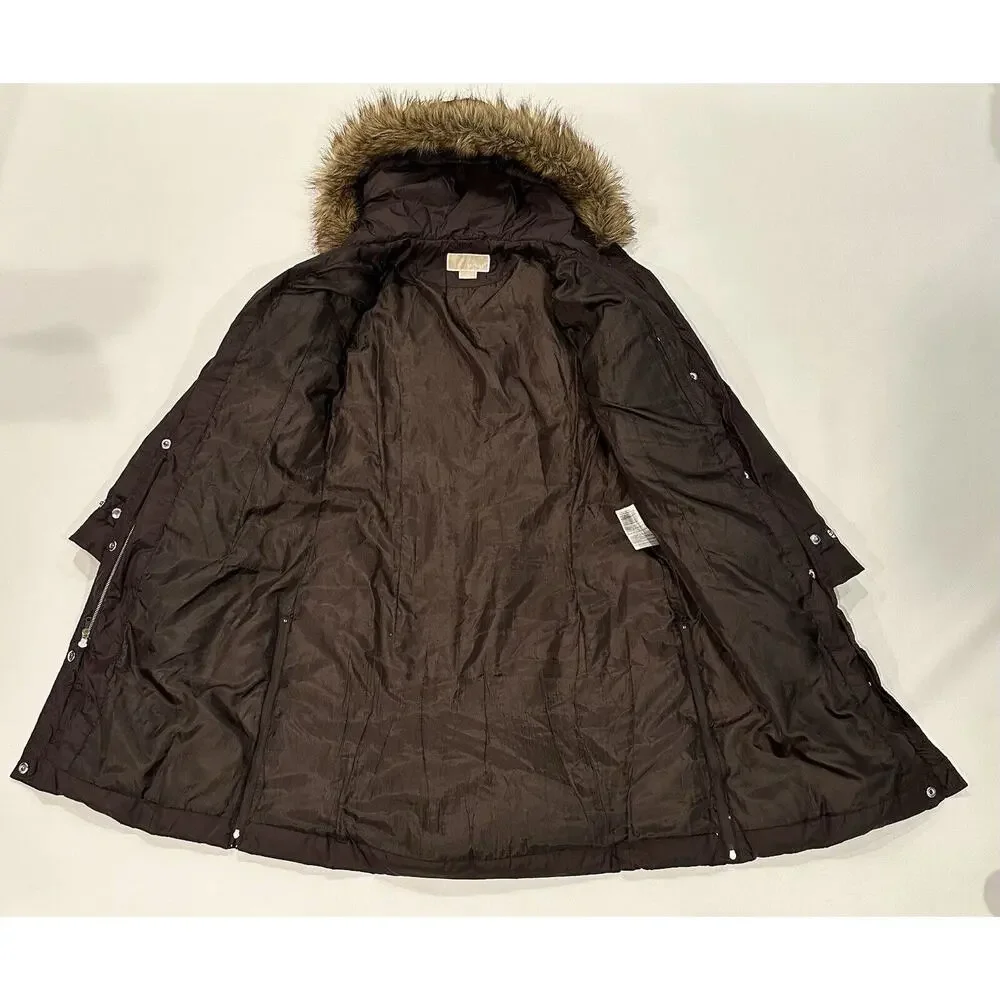 Michael Kors Women’s M Down Puffer Parka Winter Coat Hood With Fur Trim Brown - Picture 10 of 16